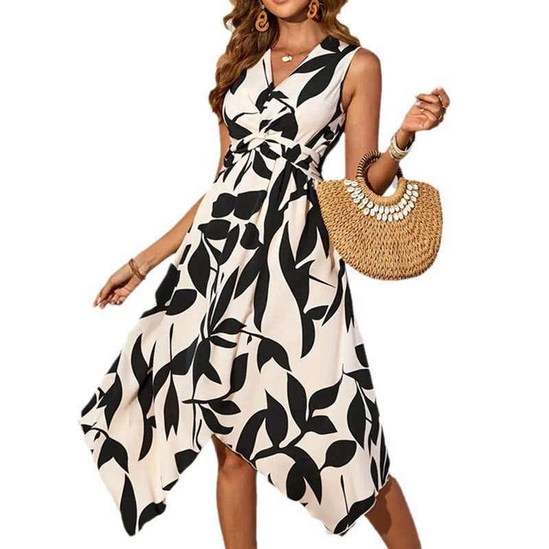 Robe sans manches en polyester, taille haute torsadée asymétrique, imprimé feuilles