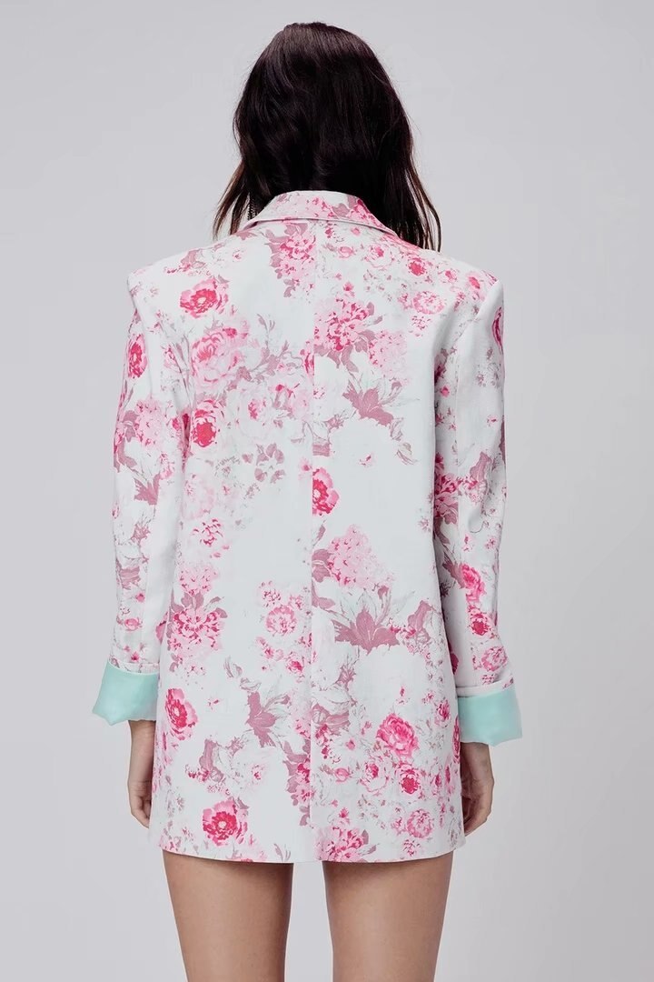 Floral Rose Print Suit Jacket with Suit Collar