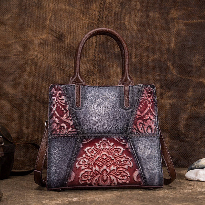 Retro High Leather Hand-Painted Embossed Tree Handbag 25cm