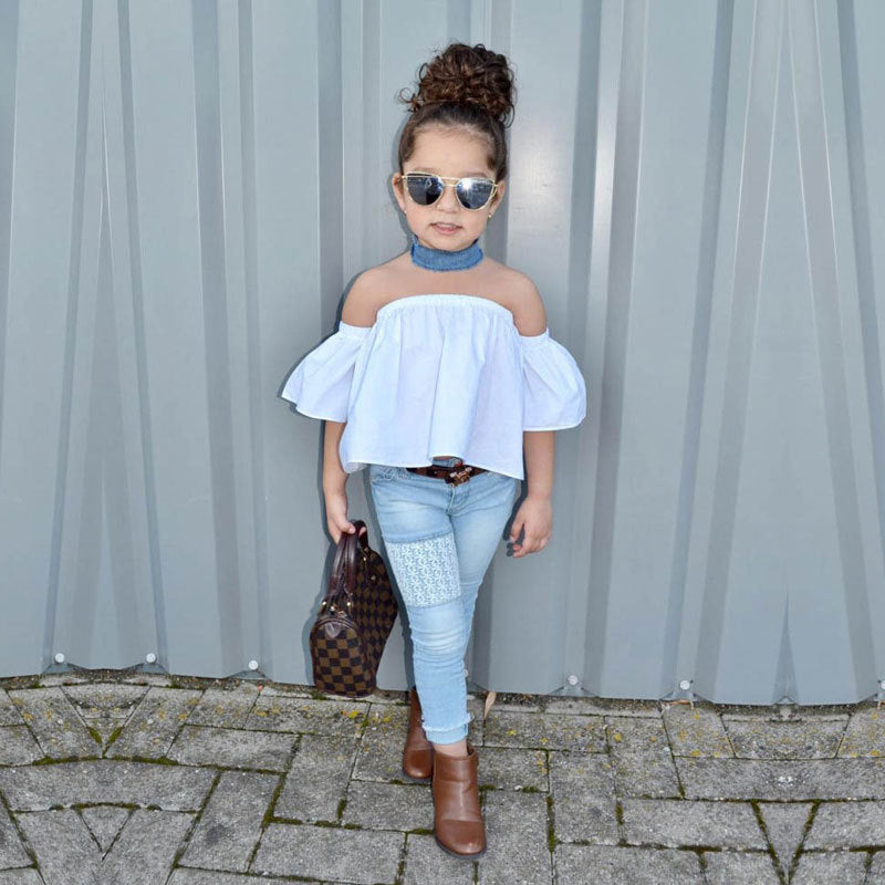 One-line neck strapless jeans suit