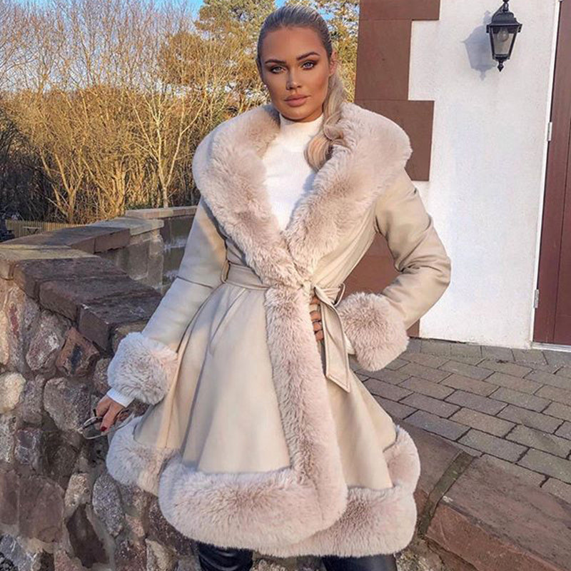 Medium-Length Fur Coat with Lotus Leaf Hem and Faux Leather Belt
