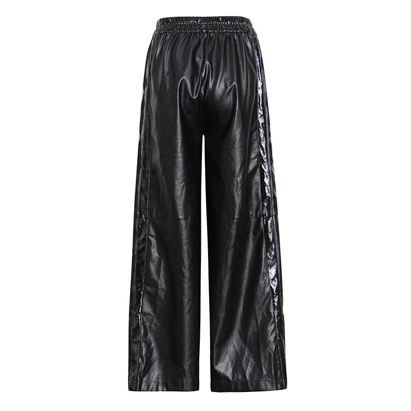 Sexy High-Waist PU Leather Wide-Leg Pants with Side Button Split