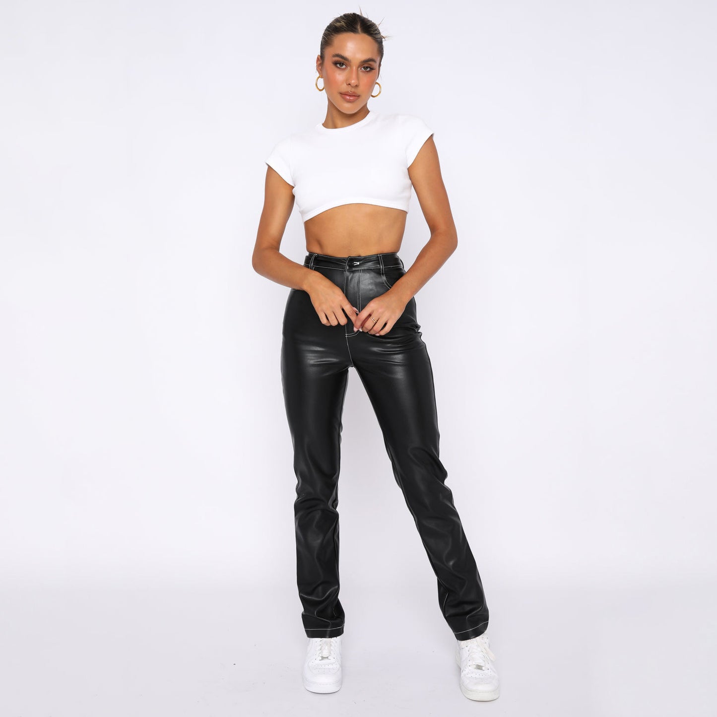 High Elasticity PU Leather Straight Pants for Women Mid Waist S-XL