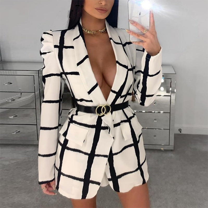 Plaid Deep V-Neck Polyester Blazer