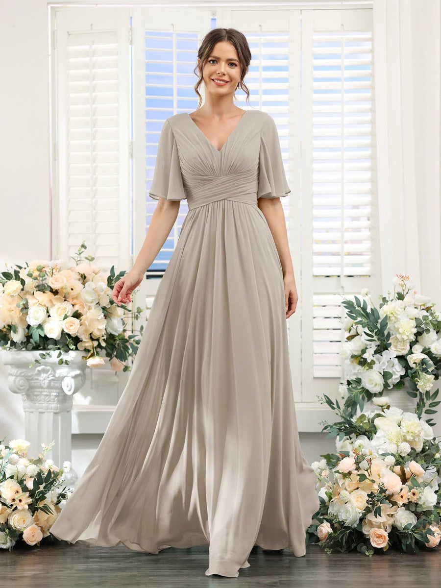 Robe de soirée longue en mousseline de soie à col en V et manches papillon