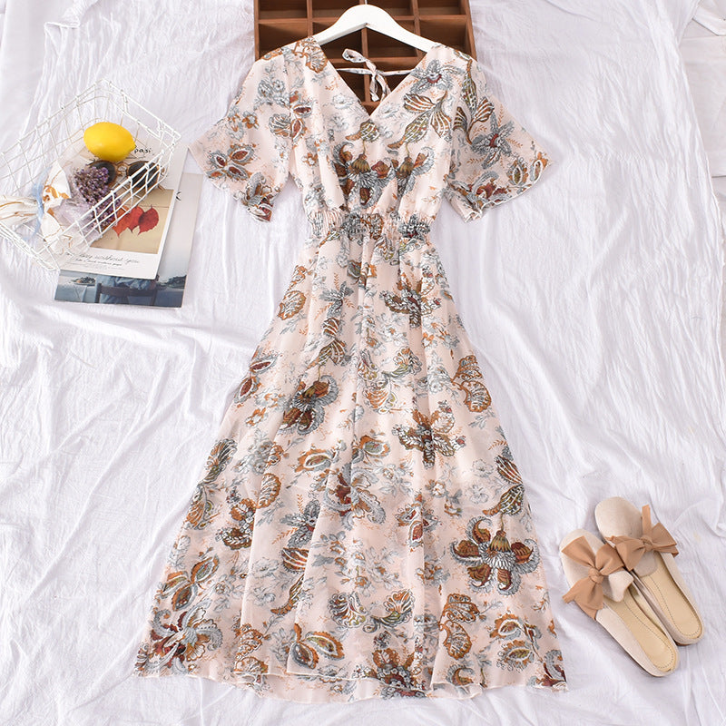 French V-neck dress short sleeve