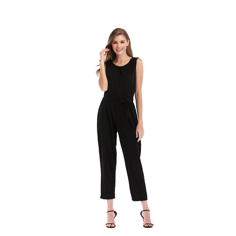 Solid Color Mid-Waist Nine-Minute Cotton Blend Jumpsuit