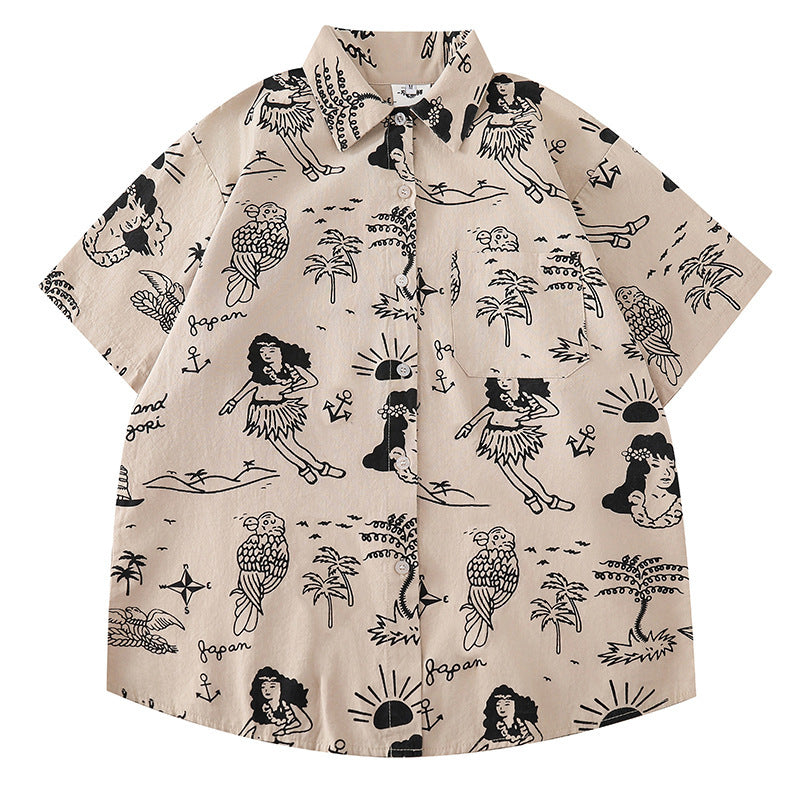 Women's Design Retro Girly Style Printed Short-sleeved Shirt