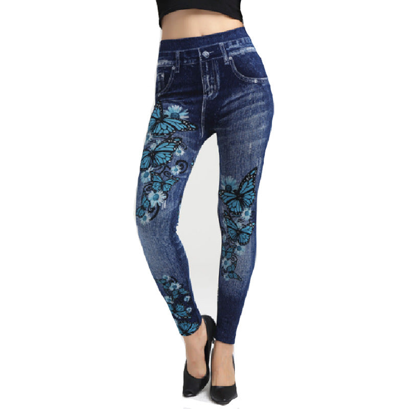 Women's Cotton Butterfly Print Imitation Denim Leggings