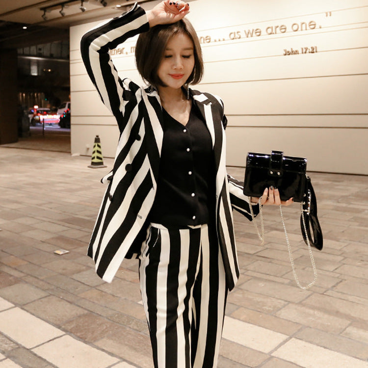 Double Breasted Black & White Striped Professional Women's Suit