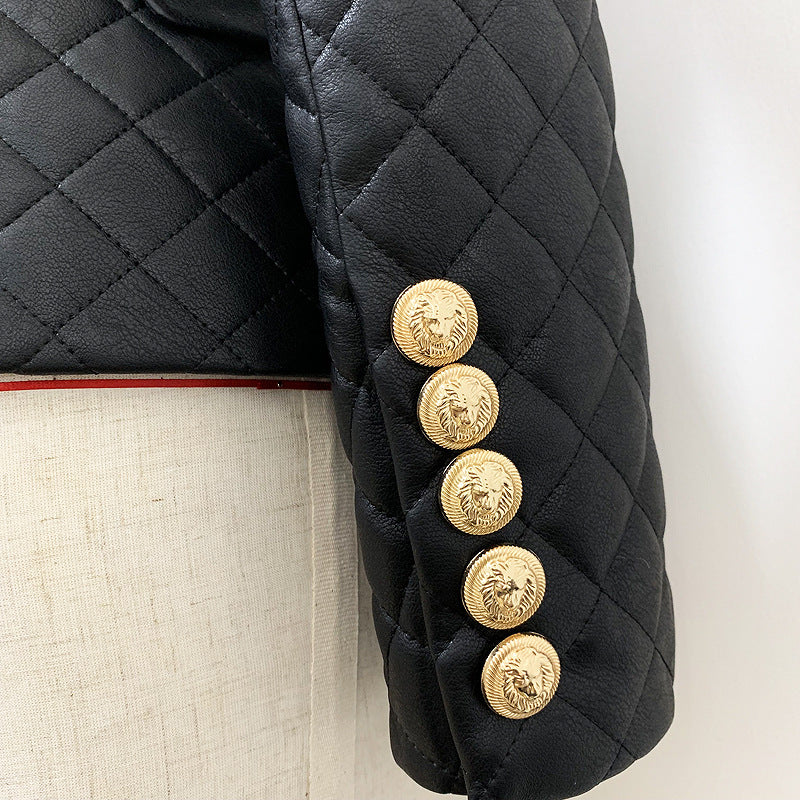 Slim-Fit Quilted PU Leather Blazer Jacket