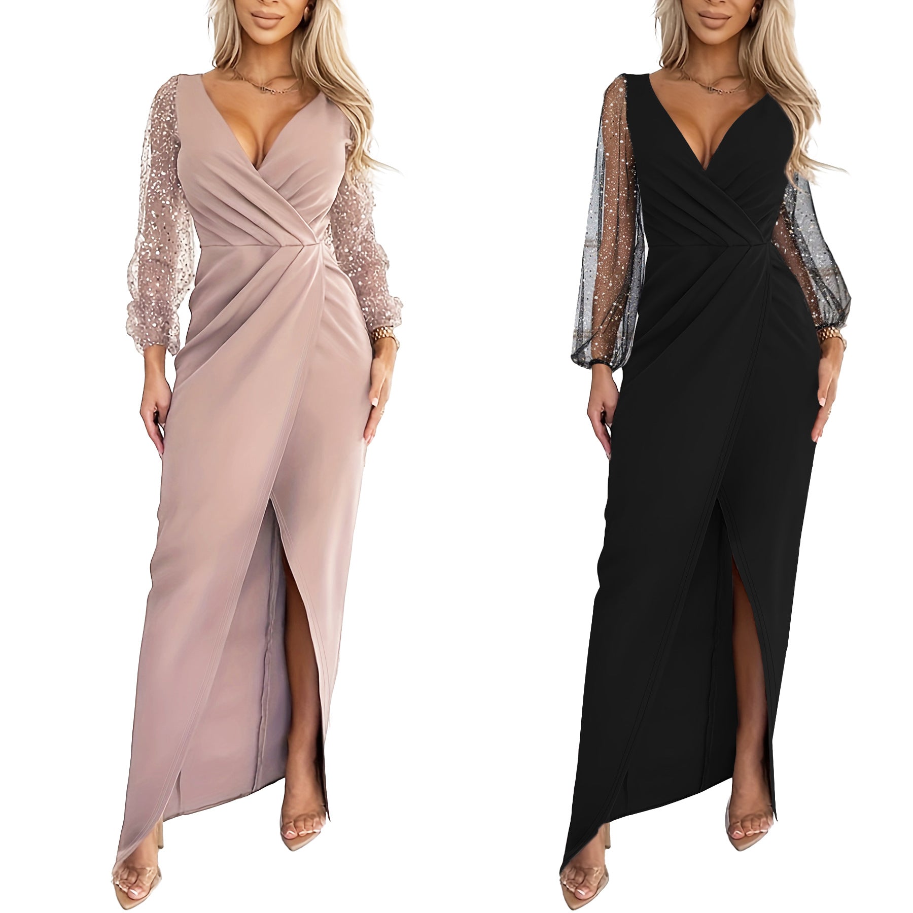 Robe noire en maille à col en V, taille mi-haute et sequins