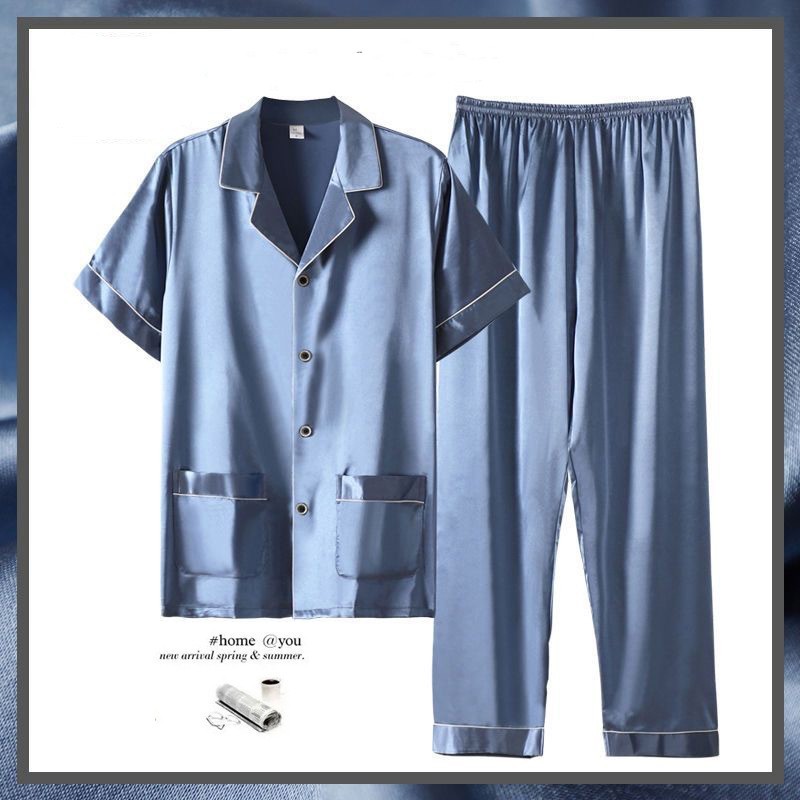 Men's Summer Thin Ice Silk Short Sleeve Homewear Suit with Trousers