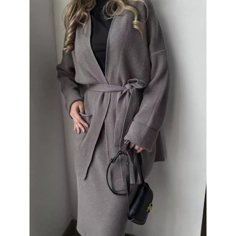 Thermal Knitted Lace-Up Cardigan & Long Skirt Two-Piece Sweater Set