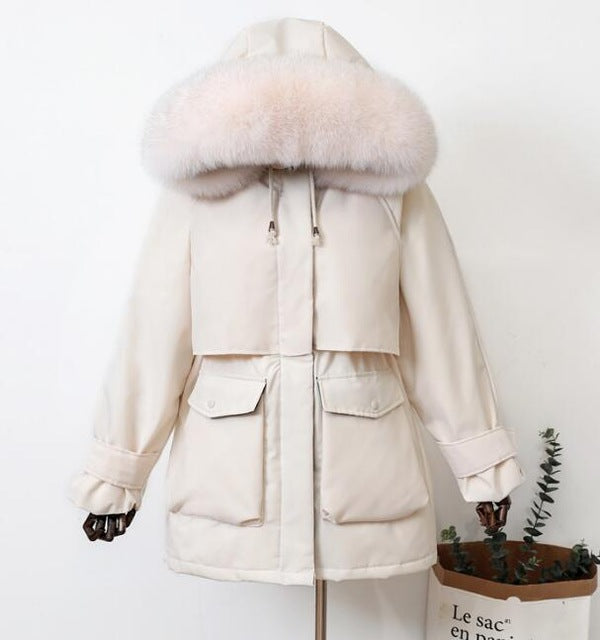 Manteau long d'hiver en duvet pour femme avec capuche en fourrure naturelle de raton laveur et de renard