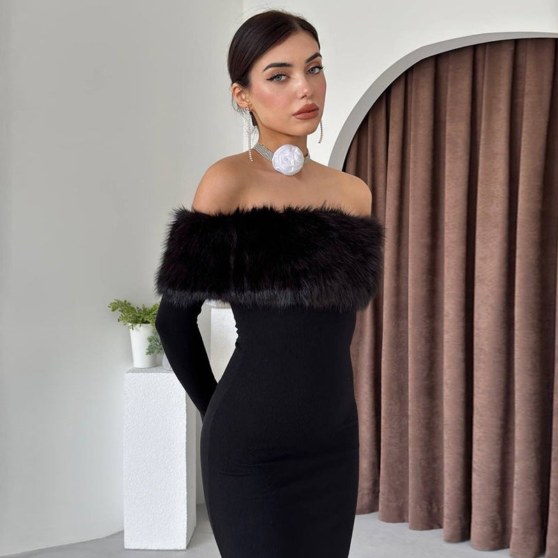 Off-Shoulder Black Fur Collar Slim Fit Dress for Women S-L