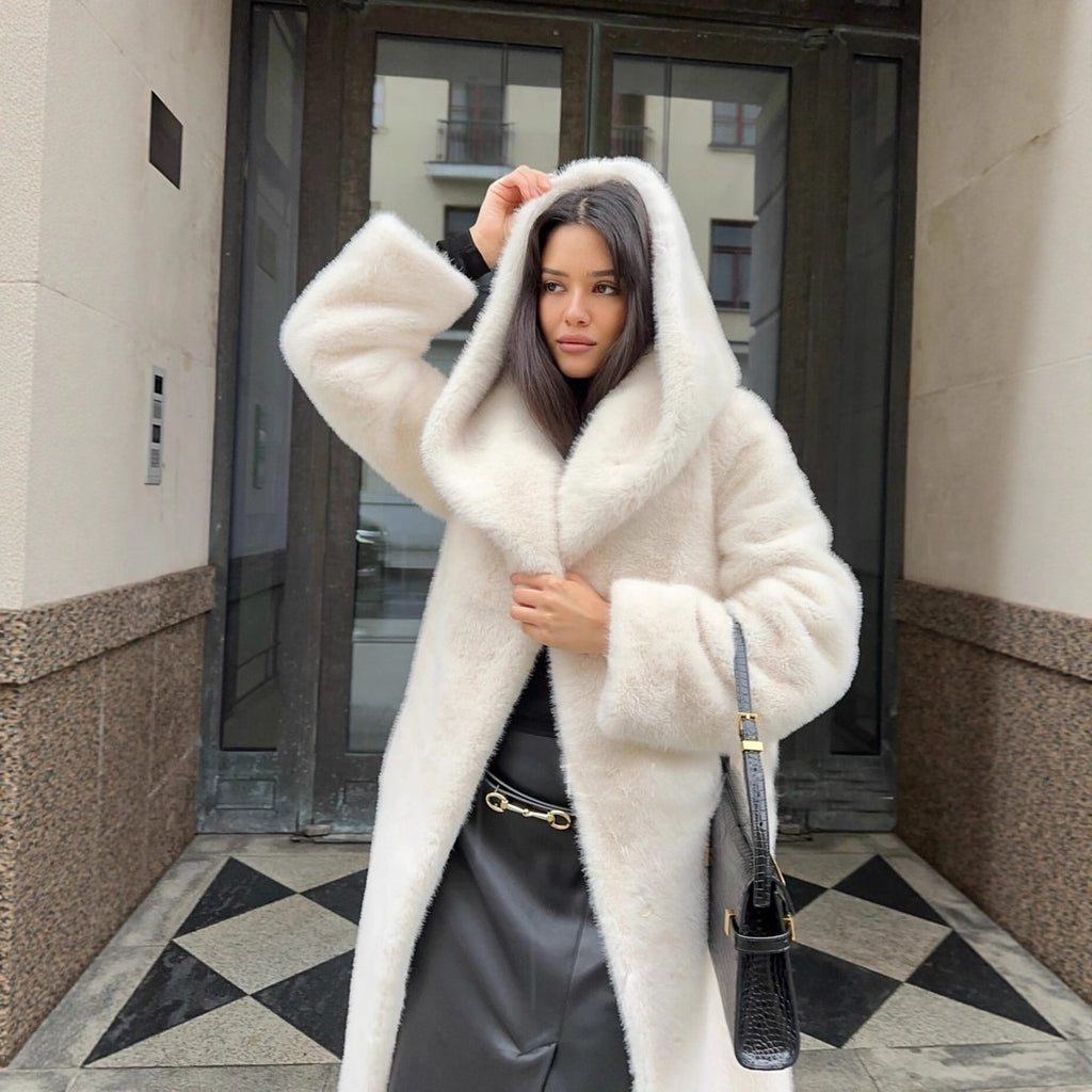 Long Hooded Artificial Fur Coat for Women in White, Black & Brown