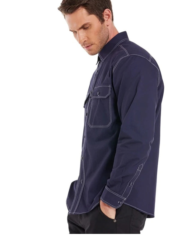 Chemise décontractée en lin à manches longues et col carré pour homme