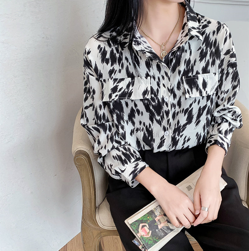 Casual Retro Polo Collar Loose Long Sleeve Shirt Polyester