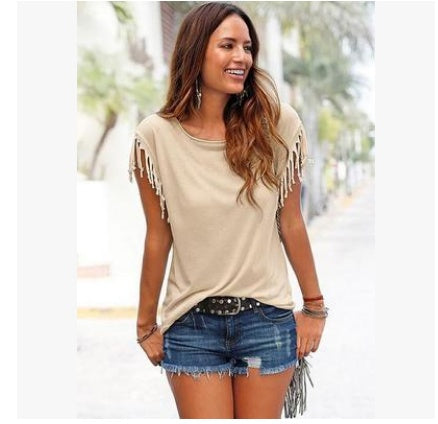 Ladies Big Size Round Neck Short Sleeve Tassel Cotton T-Shirt for US & Europe