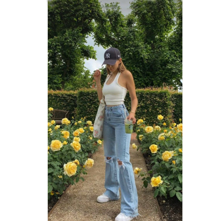 High Waist Light Wash Wide Leg Ripped Denim Jeans