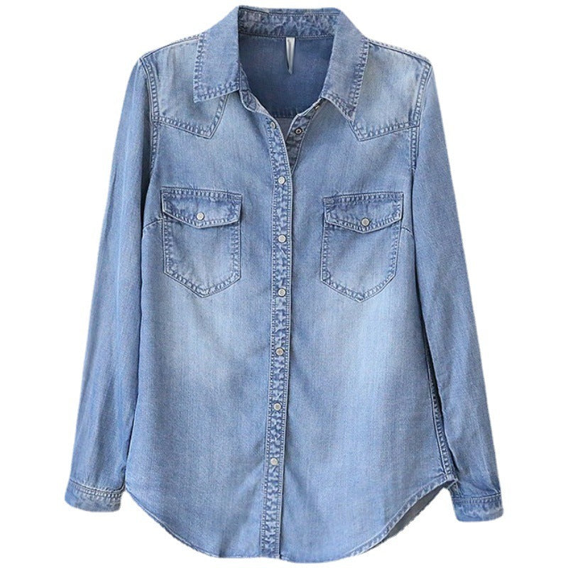 Tencel Denim Blue Women’s Long Sleeve Loose Shirt