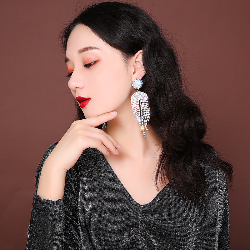 Silver Pin Earrings Exaggerated Long Tassel