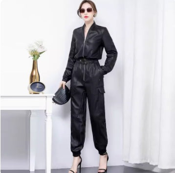 Slim Fit Black PU Leather Work Suit & Jumpsuit for Women, Sizes S-3XL