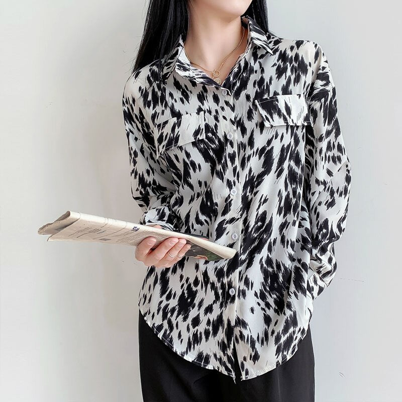 Casual Retro Polo Collar Loose Long Sleeve Shirt Polyester