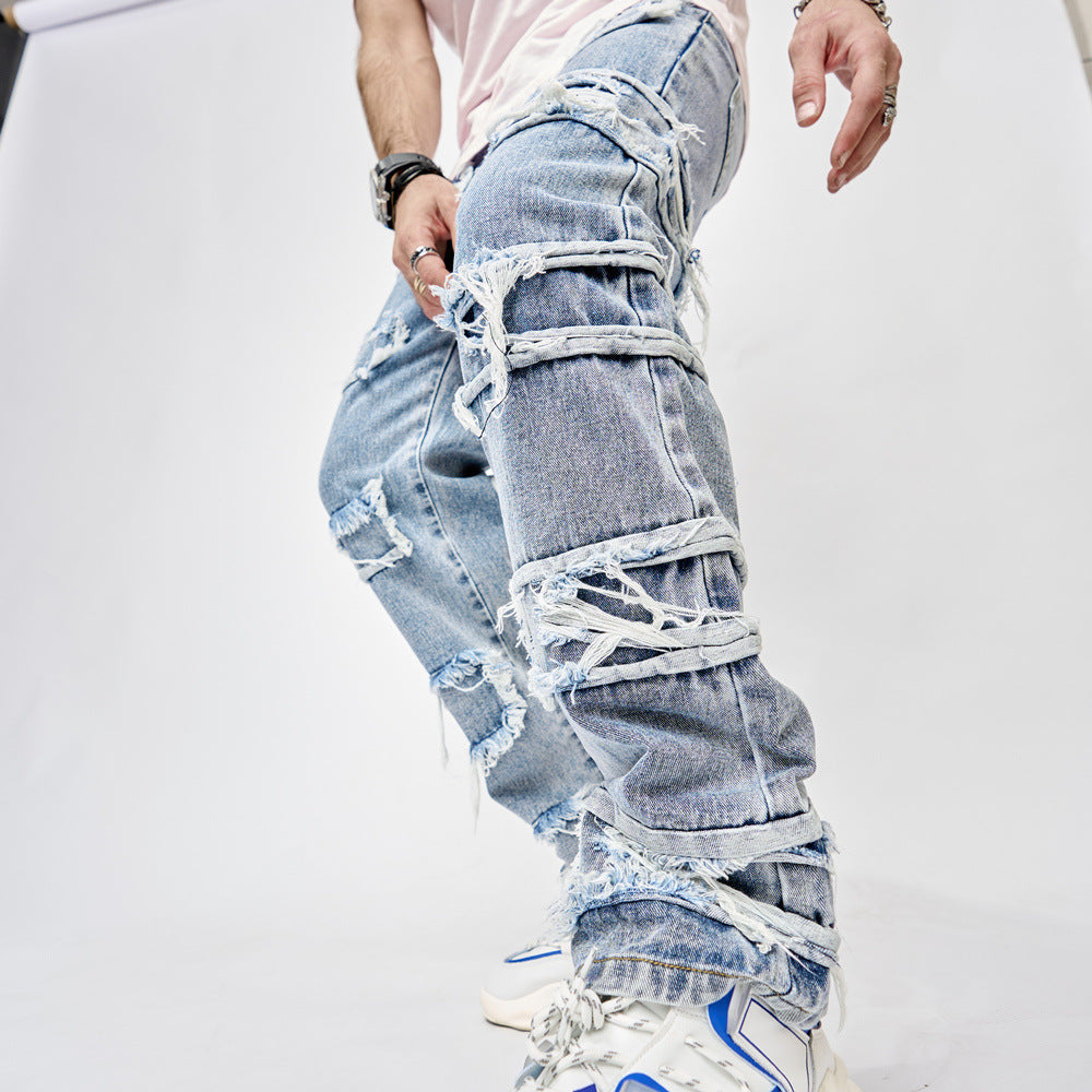 Jean droit homme en coton style hip-hop bleu