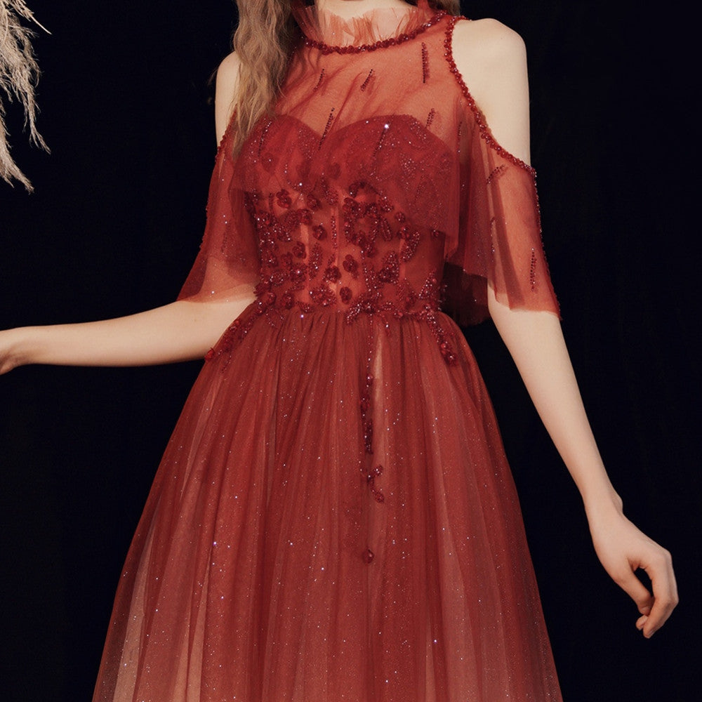 Women's Elegant Gradual Wine Red Mesh Evening Dress for Wedding Banquet