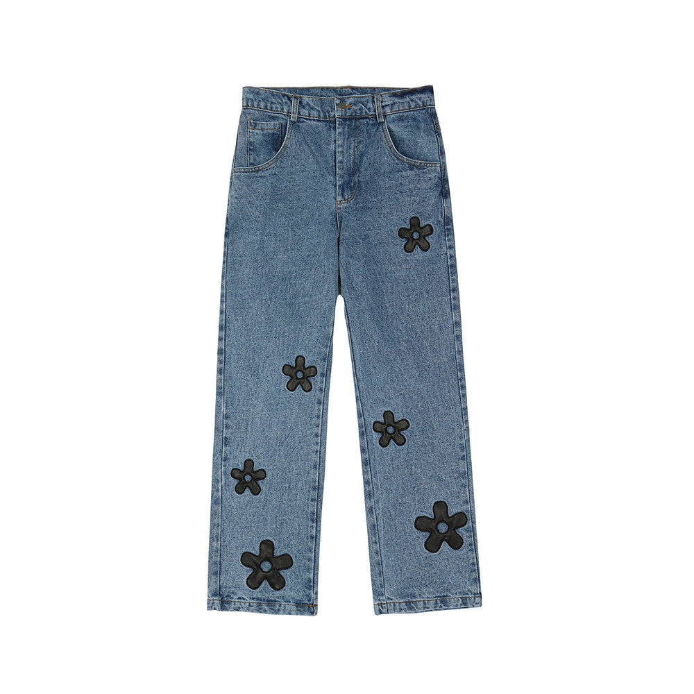 Loose Straight Blue Embroidered Casual Cotton Blend Trousers