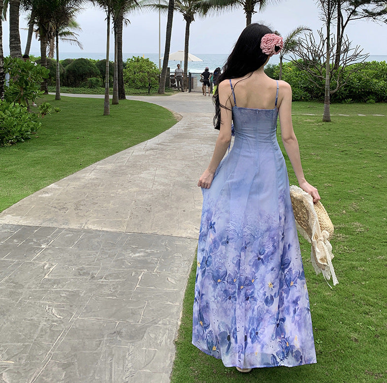 Vacation Style Beach Chiffon Printed Suspender Skirt Oil Painting Super Fairy