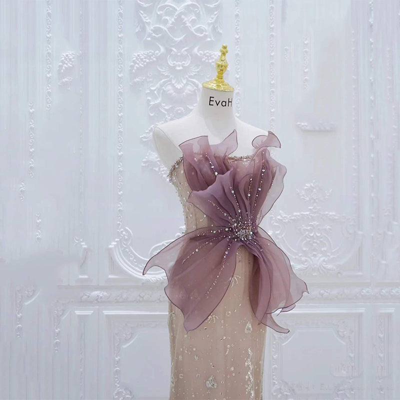 Robe de soirée champagne pour femme avec perles et sequins
