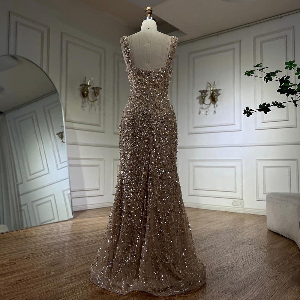 Nude Elegant High-End Pearl Beaded Sling Dress