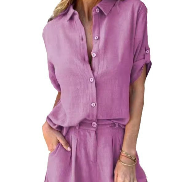 Ensemble chemise boutonnée à revers et short à poches à manches courtes pour femmes