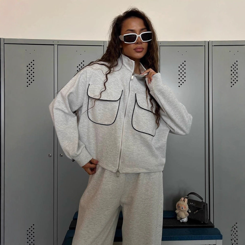 Street-Style Half-Zip Casual Sportswear Set with Patchwork