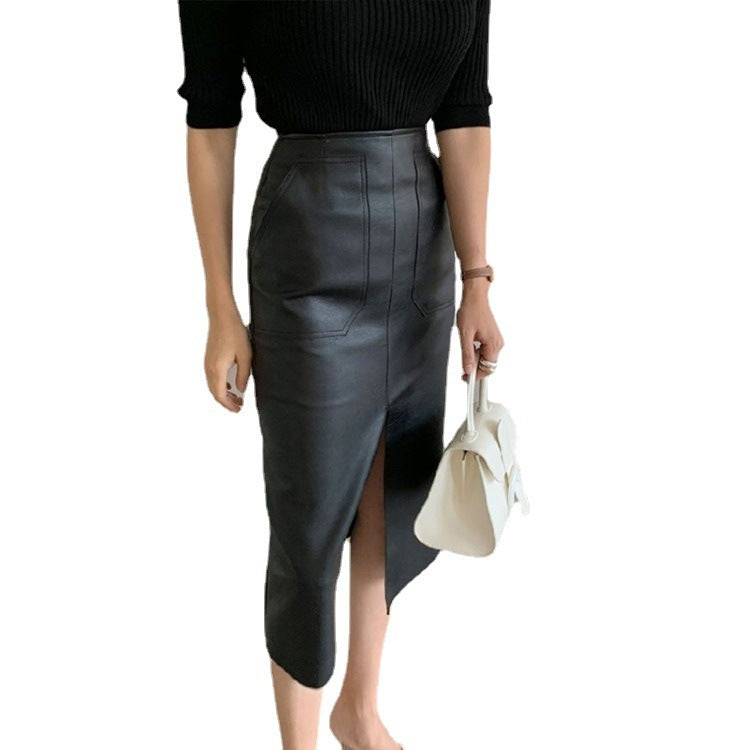High Waist Mid-Length PU Leather Hip Skirt with Side Split