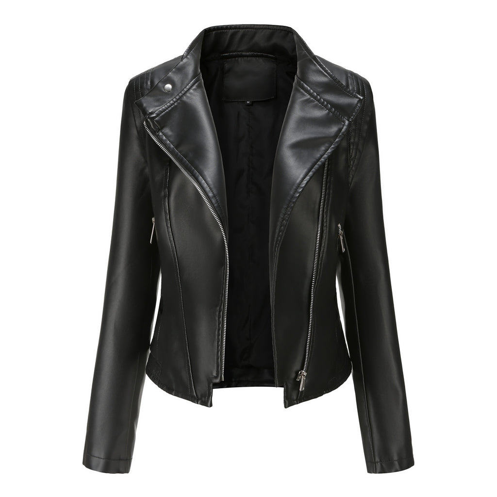 Women’s Slim-Fit PU Lapel Leather Coat with Pockets