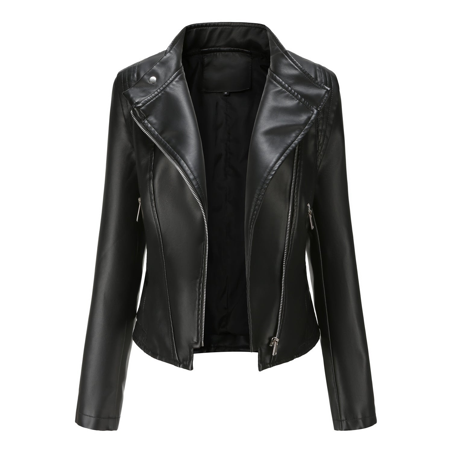 Women’s Slim-Fit PU Lapel Leather Coat with Pockets