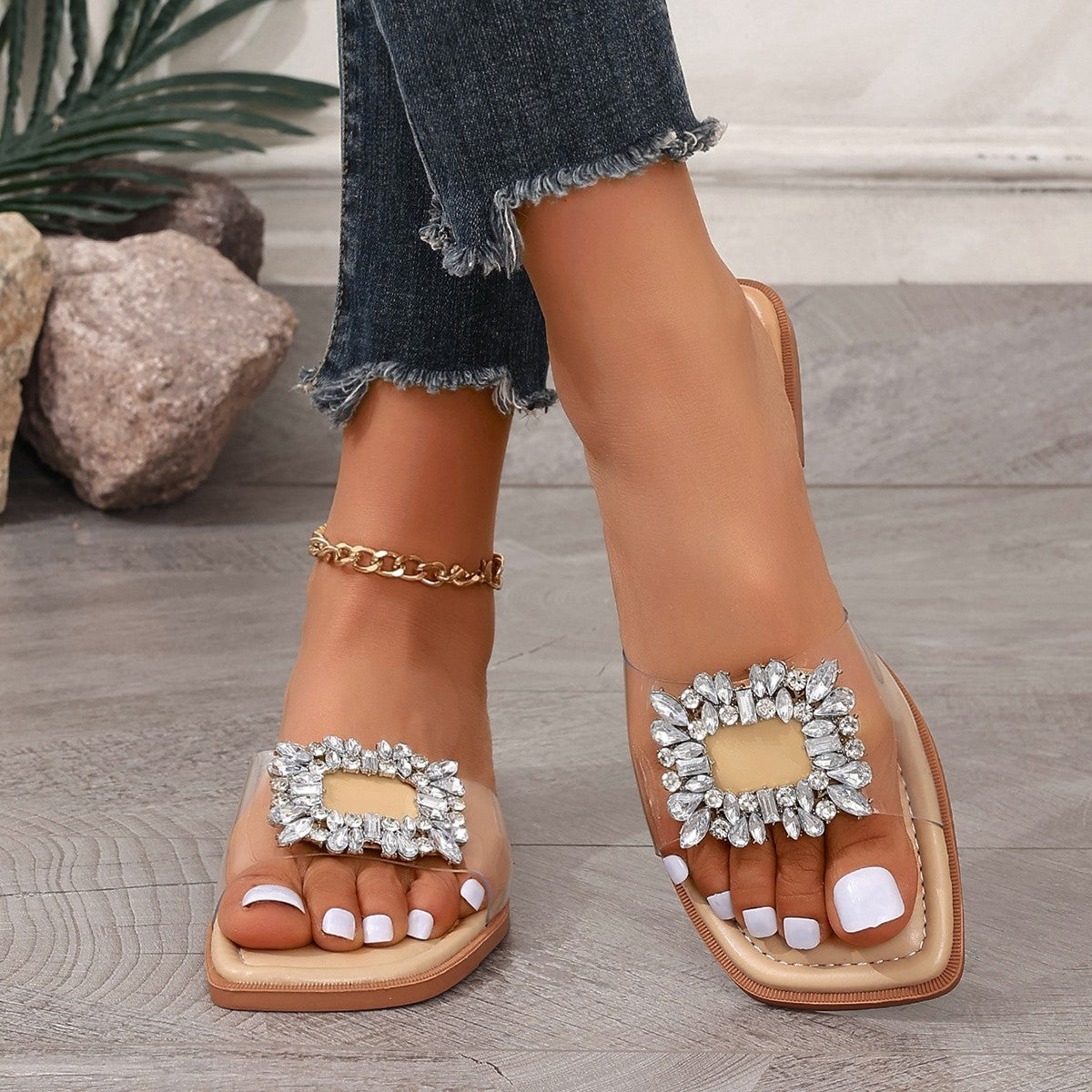 European & American Rhinestone Transparent Flat Sandals Large Size