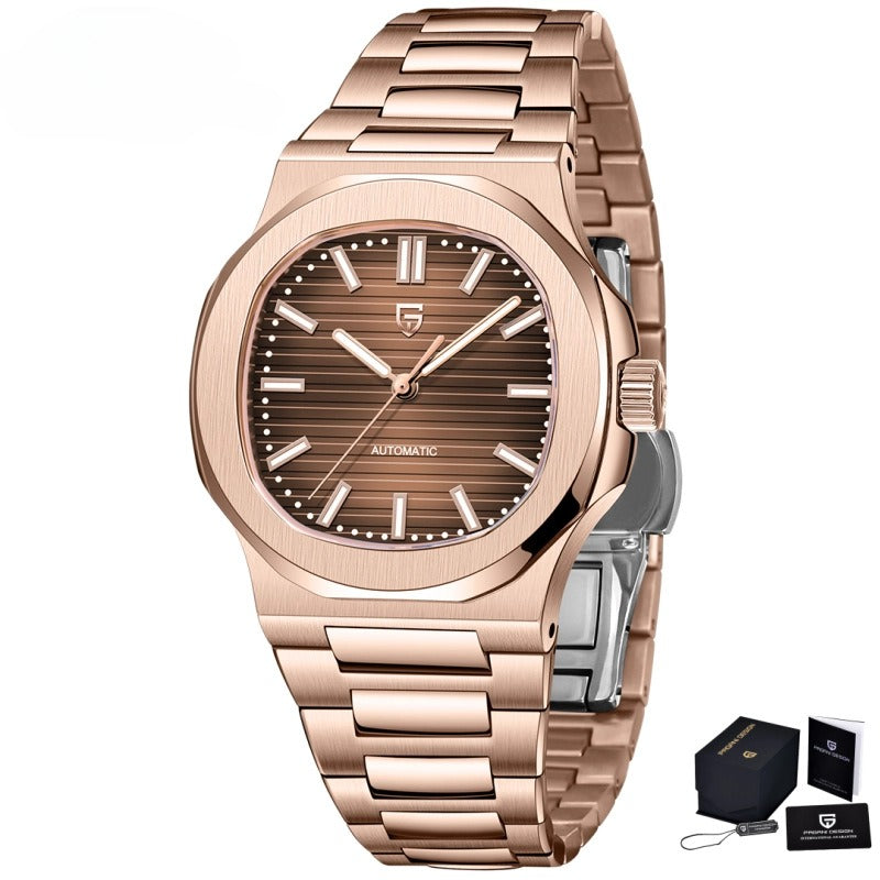 Men's Stainless Steel Automatic Waterproof Barrel Wristwatch