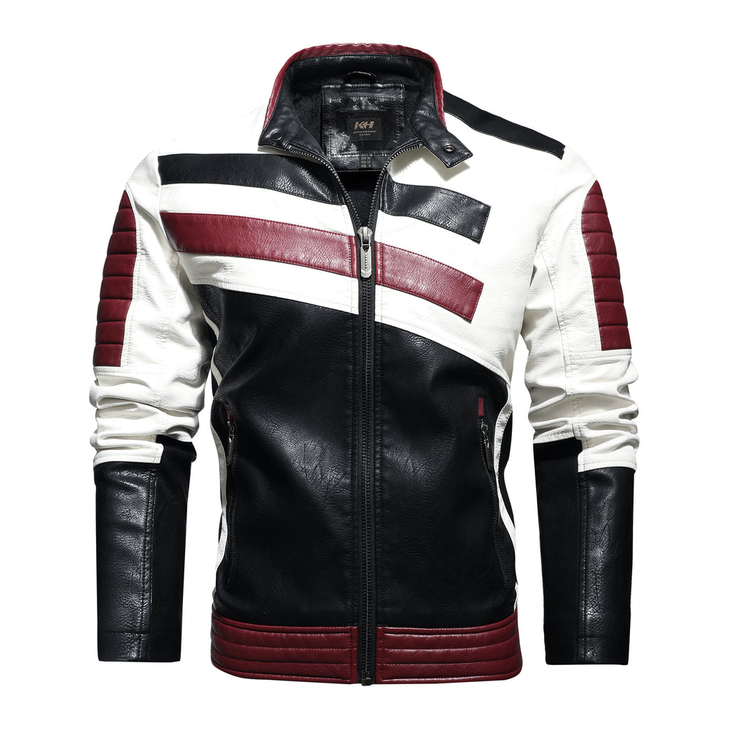 Men's Slim-Fit Motorcycle Leather Jacket with Stand Collar