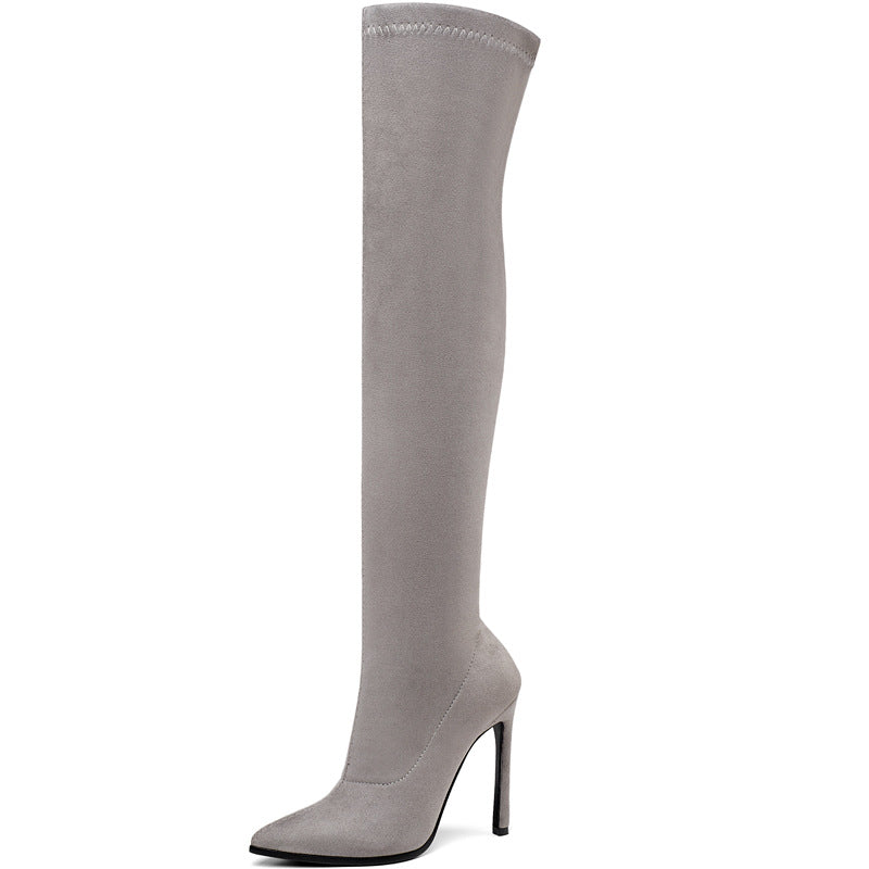 Bottes cuissardes en velours élastique à talons aiguilles