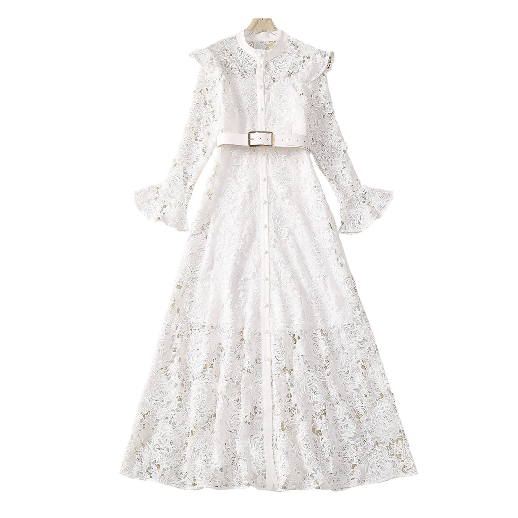 White Stand Collar Single-Breasted Flared Long Sleeve Dress