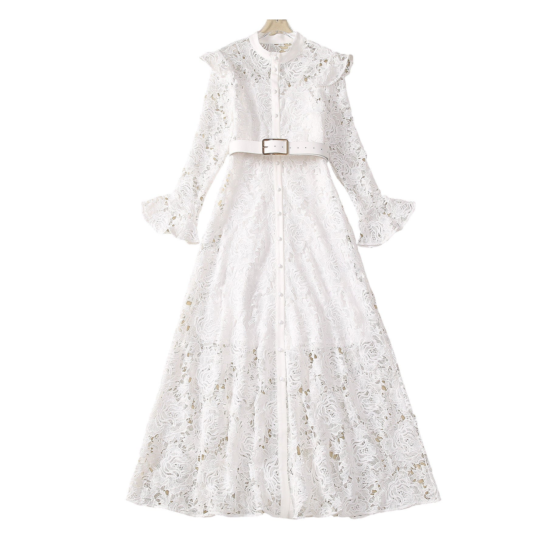 White Stand Collar Single-Breasted Flared Long Sleeve Dress