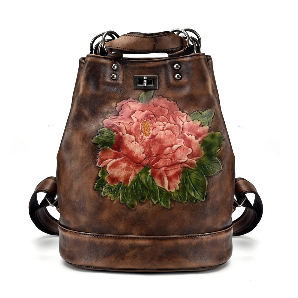 Retro Women’s Genuine Leather Bucket Backpack Cream, Brown, Red, Black - Large 25.5x30x15.5cm