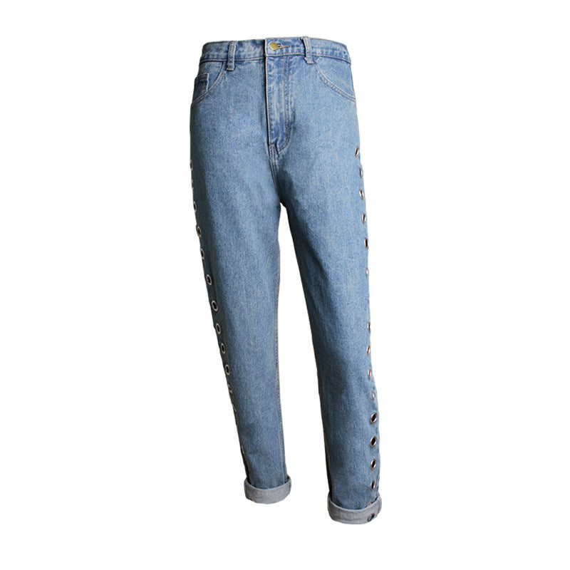 Jean taille haute ample en coton bleu avec rivets et découpes métalliques pour femme