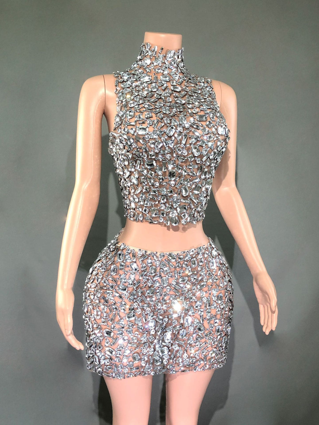 Catwalk Banquet Two-Piece Rhinestone Diamond Waist Slimming Short Gown Set