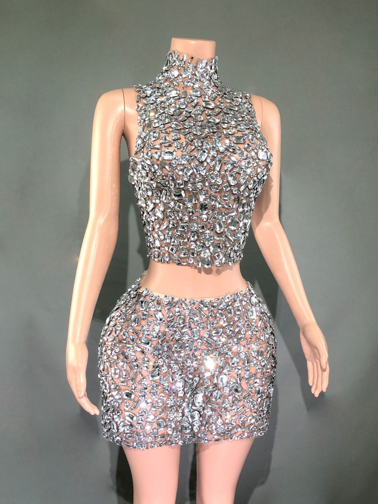 Catwalk Banquet Two-Piece Rhinestone Diamond Waist Slimming Short Gown Set